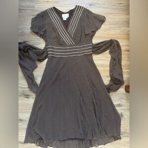 Adrianna Papell Silk Polka Dot Chiffon Midi Dress Brown White – Size 8